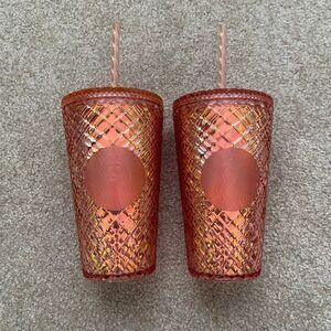 2 Starbucks Holiday Gold Orange Gem Jeweled Tumbler Cold Cups - Grande 16 oz NEW